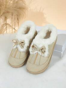 Bottes de cheville d'hiver pour femmes, douces et chaudes, doublées de thermique. Décor mignon avec nœud, tige  semelle épaisse confortable et antidérapante. Bottes de neige casual - Beige - Voir 6