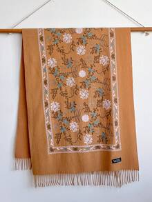 1pc Women's Autumn/Winter Faux Cashmere Embroidered Scarf, Thick Warm Tasseled Embroidered Bohemian Style Travel Shawl Poncho - Camel - View 2