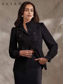 Aliao Elegant 3D Floral Embroidery Lace Ruffle Collar Blouse, Suitable For Holiday Outings, Wedding Season, Valentine's Day, Bohemian Style, Business Casual Women's , Button-Up Shirt, New Year