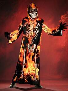 2pcs/Set Boys' Skull & Skeleton Print Hooded Jumpsuit With Gloves, Cosplay Costume For Halloween - Multicolor - View 1
