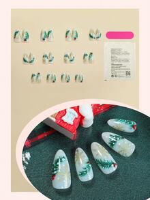 24 pezzi di unghie finte a mandorla di media lunghezza di stile natalizio, con decorazioni ad albero di Natale verde e fiocchi di neve dorati, in stile Y2K, set di unghie finte acriliche per ragazze e donne, decorazioni per salone di unghie per le vacanze