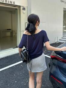 夏季美式运动时尚不对称肩部短袖T恤（女款） - 藏蓝色 - 查看 6