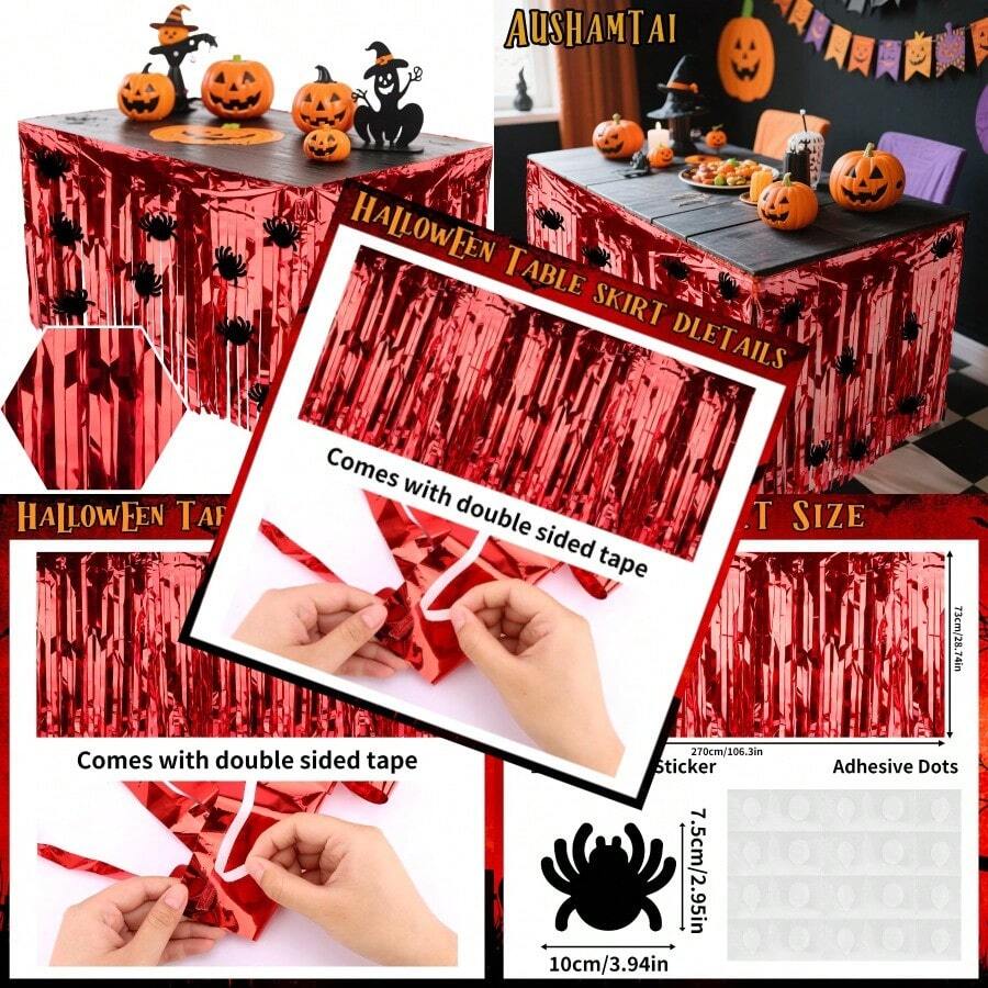 28x106 Inch Red Sequin Tablecloth For Halloween Decorations Metallic Tinsel Foil Fringe Table Skirt Rectangle Or Round Tables Decor Table Cover Spider Decorations For Halloween Party