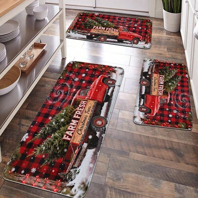 1pc Home Decor, Room Decor, Bathroom Decor, Bathroom Mat, Non-Slip Bathroom Mat, Kitchen Decor, Kitchen Mat, Carpet, Bathroom Set, Doormat, Soft Plush Surface, Home Decoration, Anti-Fatigue Mat, Cat, Truck, Christmas Tree & Buffalo Plaid Pattern Mat, Christmas, Winter & New Year Theme Decor, "Merry Christmas", Soft & Comfortable Surface, Relax Feet, Relieve Fatigue