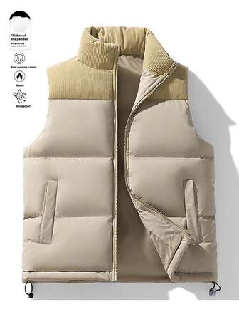 Autumn And Winter Stand Up Collar Casual Couple's Warm Vest, Made Of Casual Color Blocked Corduroy Material, Suitable For Outdoor Activities In Autumn And Winter.