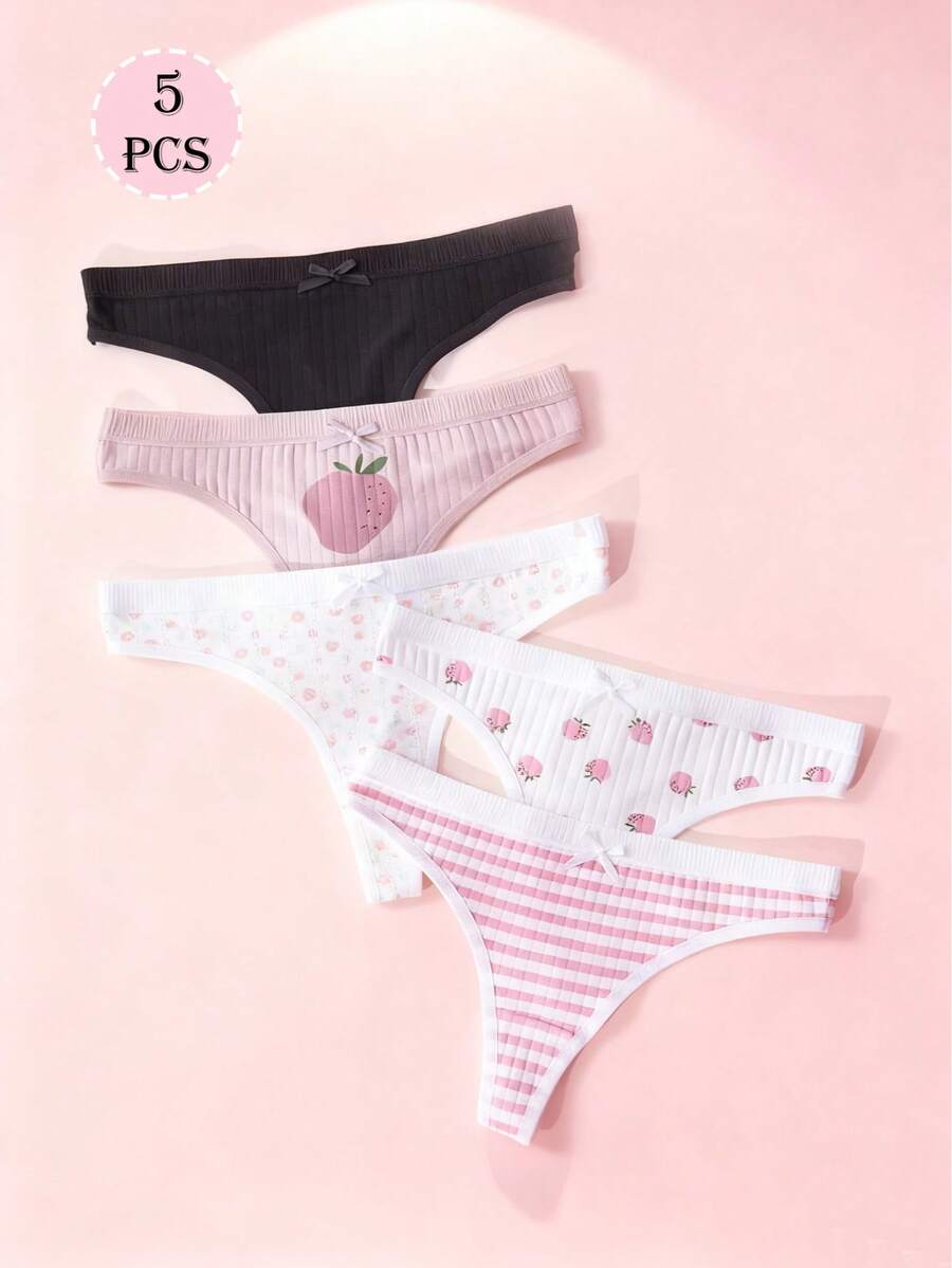 5-Pack Cotton Women's Thongs, Cute Pink Women's Underwear, Printed Women's Underwear - 彩色 - 查看 1