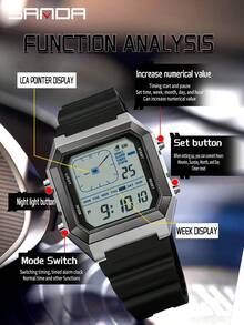 SANDA. Reloj electrónico SANDA 6307 nuevo y creativo con esfera cuadrada simulada, resistente al agua, luminoso y multifunción con cronómetro - Plateado - Ver 5