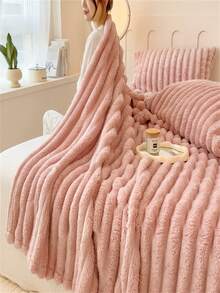 1pc Super Soft Plush Blanket, Wide Striped Faux Fur Design, Suitable For Bedroom Decor, Christmas, Casual Nap, Office Nap, Pink Milk Plush Fleece Throw Blanket