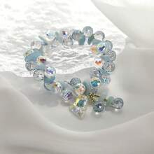 1pc Sparkling Double-Row Woven Purple Crystal Bracelet, Enchanting Aquamarine Iridescent Heart Charm Bracelet For Women