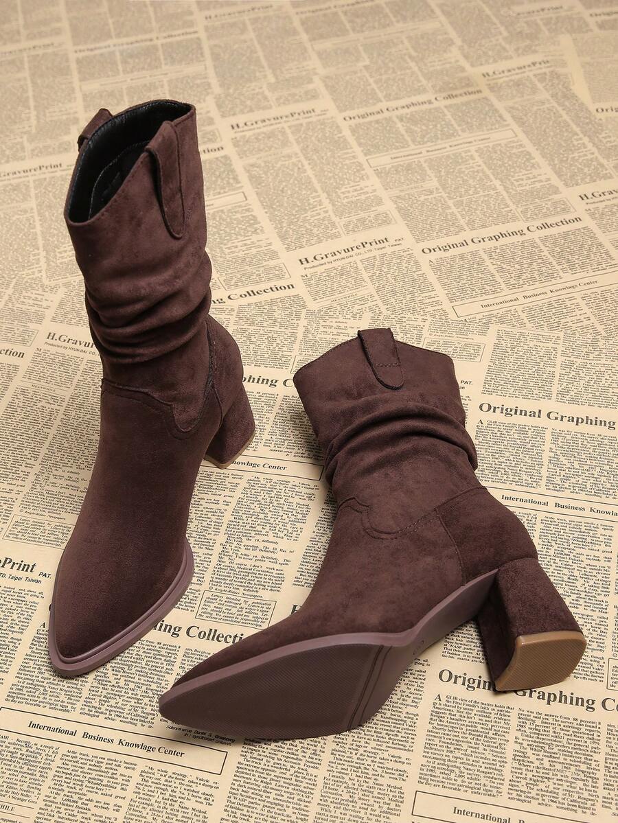 2025秋季新款优雅棕色女靴，粗跟高跟尖头秋冬靴，百搭时尚西部风褶皱踝靴 - 棕色 - 查看 1
