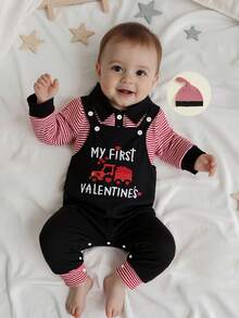 Conjunto de 3 piezas para bebé niño con motivo de San Valentín: mono con solapa a rayas, mono con bordado de letras y gorro. Ropa bonita para festivales, mezcla de algodón suave, de 0 a 12 meses, ideal para sesiones de fotos de San Valentín y reuniones familiares. - Negro - Ver 5