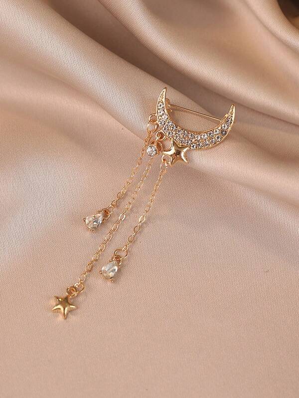 1pc Star & Moon Tassel Brooch, Elegant & Fashionable Lapel Pin For Women, High-End Luxury Clothing Accessory