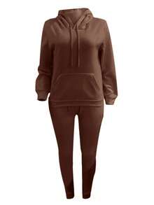 LovelyWholesale Bộ áo và quần dài tay có mũ, túi, kiểu dáng đơn giản, thường ngày dành cho nữ, thích hợp mặc mùa xuân. - Cà phê nâu - Xem 8