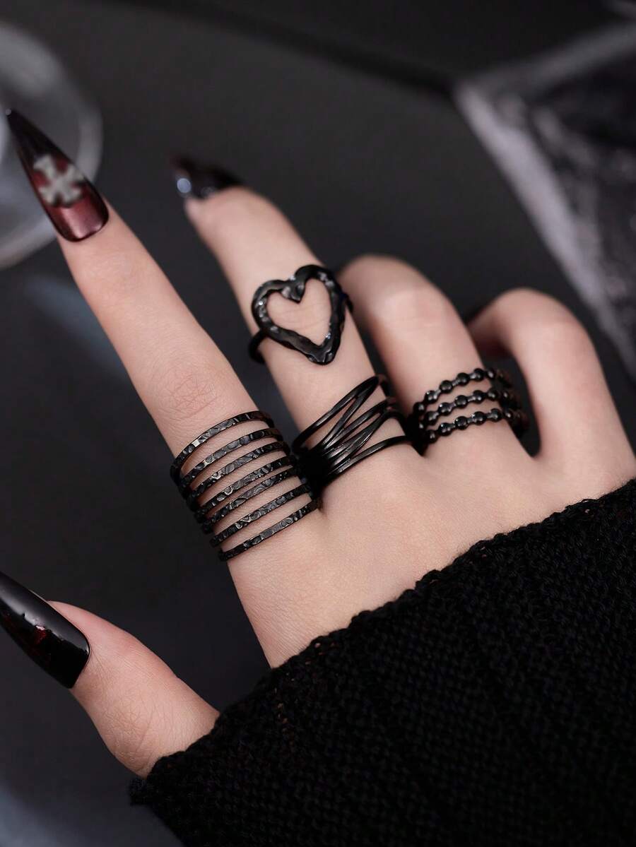 4 pezzi Set di anelli in acciaio inossidabile nero con texture martellata, stile gotico, a più strati con perline e cuori, adatto come decorazione o regalo di Ognissanti per le donne - nero - Visualizzare 1