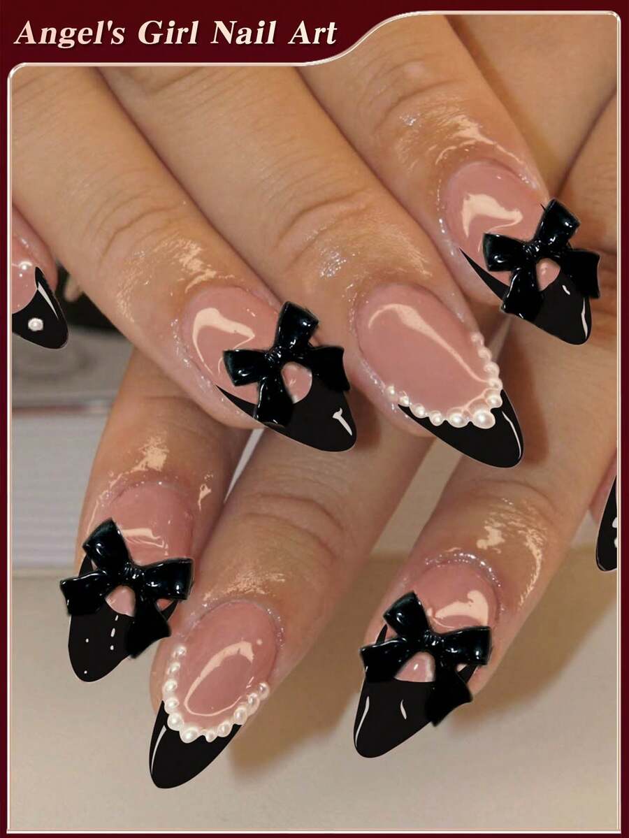 Discover The Magic Of Nail Couture ,24pcs Almond Black French Tip Press On Nails ,Pearls And Bows Trim Design, Easy To Wear Acrylic False Nail Set,Red Nails,Contain 1pc Jelly Glue And 1pc Nail File, Suitable For Women And Girls Daily Life And All Kinds Of Party Use