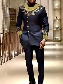 2 件/套，2025 新款男士 Dashiki，精致的金色刺绣，经典的黑金撞色，优雅的风格，长袖，圆领，纽扣式，松紧腰裤，非洲服装，男士休闲衬衫和裤子两件套，街头服饰，派对，约会，婚礼，日常穿着，文化活动，传统仪式 - 黑色 - 查看 2