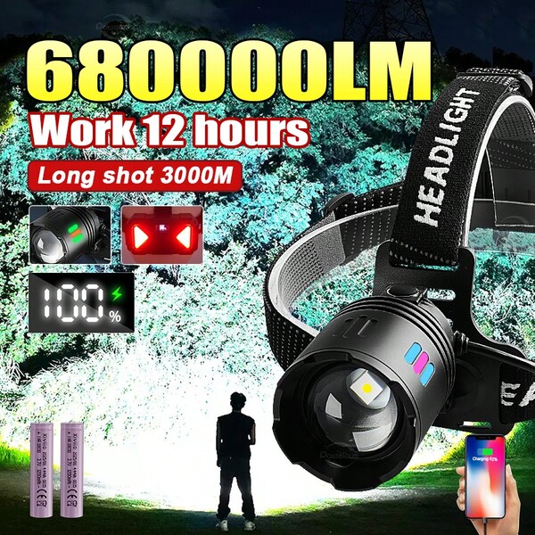 680 000 LM Puissante lampe frontale 500W Capteur de haute puissance Super lumineux Lampe frontale télécommandée 3000M 18650 Rechargeable Lampe frontale pour activités de plein air, pêche, camping, chasse, patrouille