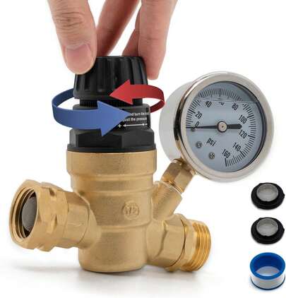 RV Pressure Regulator With Gauge 45-160 PSI With Tool-Free Handle & 3/4" NH Thread For Camper