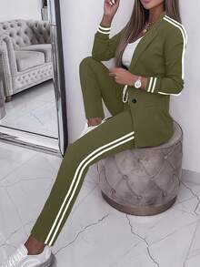 Women's Casual Sports Side Stripe Jacket And Drawstring Waist Pants Set - Army Green - View 2