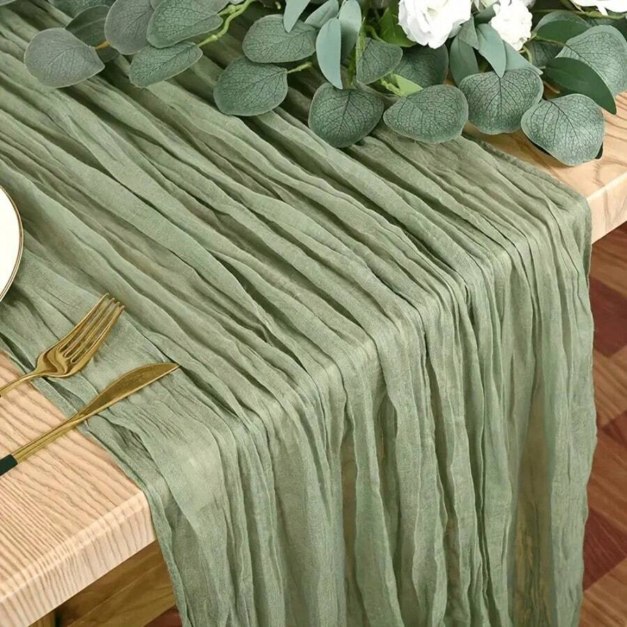 1 Piece Grass Green Polyester Pleated Table Runner Bohemian Table Runner Gauze Tablecloth Country Decor Wedding Decoration Shower Holiday Party Dining Room Accessories Living Room Decor Table Decoration