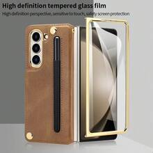 VIETAO Funda de teléfono con soporte, correa para la mano y ranura para tarjetas, chapada en oro, de piel sintética, compatible con Samsung Galaxy Z Fold 7 6 5 4 3 Fold6 - Marrón - Ver 4