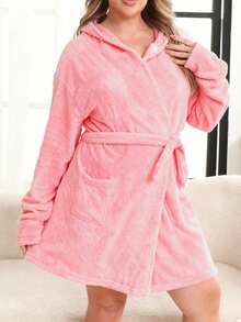 1pc Plus Size Women Solid Color Hooded Belted Fluffy Cozy Robe, Comfortable & Warm For Autumn/Winter - Watermelon Pink - View 2