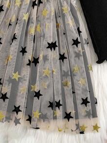 Young Girls' Fashion New Spring/Autumn Outfit, Girls' Solid Color Ruffle Sleeve Round Neck Long Sleeve Patchwork Star Print Mesh Hem Double Layer Dress, Girls' Casual Outdoor Simple Comfortable Versatile Childrenswear, Elegant Party Dress - Black - View 5