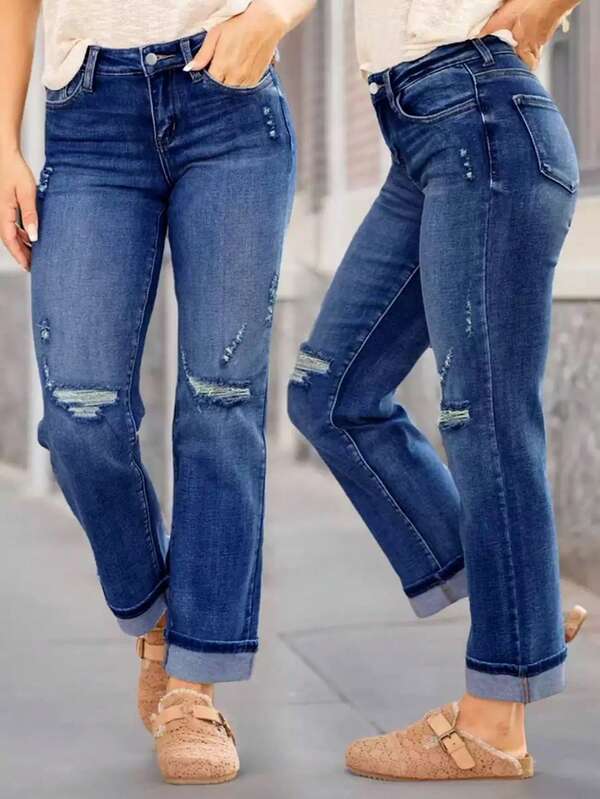 Women's Stretchy Slim Fit Distressed Jeans, Fashionable Women's Denim Jeans, Durable Fabric Casual Pants