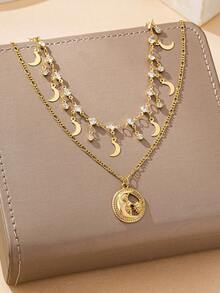 2 件时尚高端重饰月亮和钻石吊坠项链，适合女性日常、派对、情人节、母亲节装扮、礼物、分层佩戴 - 金黃色 - 查看 2