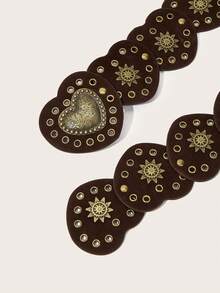 Bohemian Brown Suede Retro Heart Shaped Waist Belt, Y2K Girl Waist Belt, BOHO Heart Patchwork Rivet Decor Western Style Vintage Music Festival Belt Accessory, Suitable For Skirts, Music Festivals, Parties, Valentine's Day, XL/XXL Plus Size - Brown - View 5