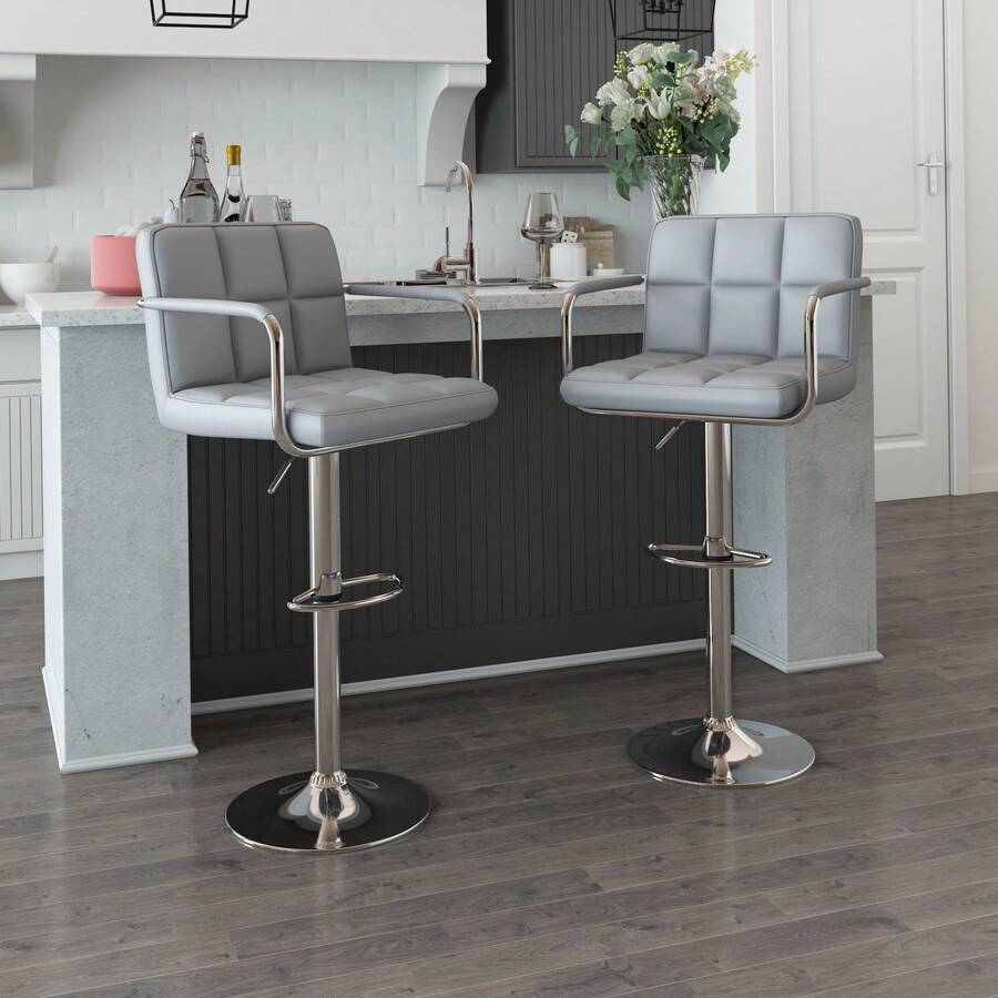 Bar Stools Set Of 2, Faux Leather Breakfast Bars Stools, Swivel Height Adjustable Bar Chairs With Armrest Backrest And Footrest For Breakfast Bars Counter Kitchen Restaurant, Grey