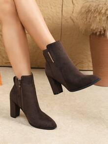 Women's Autumn/Winter New Stylish Brown Chunky Heel Tall Boots, Over-The-Knee, Pointed Toe, Side Zipper, Riding Boots For Petite - Brown - View 2