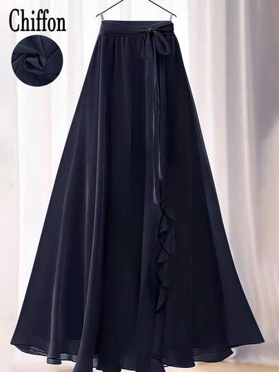 女士纯色优雅花卉蕾丝/荷叶边腰带垂褶A字长裙 夏季