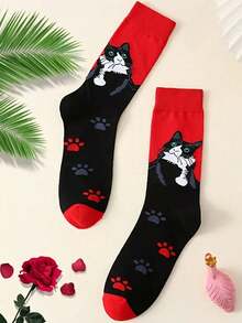 1 Pair Cat Pattern Mid-Calf Socks For Women, Elegant & Cute, Casual & Versatile, Suitable For School, Parties