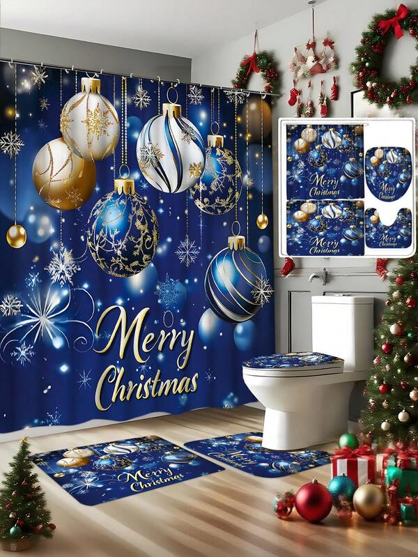 1/3/4 Pcs Christmas Happy Winter Decorative Shower Curtain Set, Luxury Blue & Gold Ball & Snowflake Shower Curtain, Bathroom Window Curtain, With 12 Hooks, Bathroom Accessories, Waterproof Polyester Fabric, Anti-Slip Bathroom Mat, Anti-Slip U-Shaped Toilet Mat, Toilet Seat Cover, Bathroom Divider, Decorative Accessories, Modern Home Room Decor, Hanging Curtain, Suitable For Home Decor, Bathroom Decor, Christmas Decoration, Holiday & Daily Decor