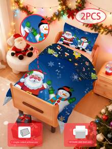 Conjunto de edredom com fundo azul estrelado de 2 peças, combinado com tema de Papai Noel e boneco de neve (capa de edredom dupla face (1 fronha impressa de um lado + 1 capa de edredom impressa de dois lados, sem material de enchimento) para bebês, crianças, lavável à máquina, adequado para camas de recém-nascidos, berços, dando presentes durante feriados. A fronha é impressa de um lado e mede 33 * 45 cm. - Multicolorido - Ver 2