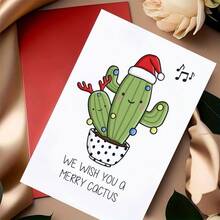 圣诞仙人掌贺卡带信封，独特有趣的节日贺卡，“我们祝你仙人掌快乐”设计，适合朋友、家人和同事，庆祝圣诞节和新年 - 彩色 - 查看 6