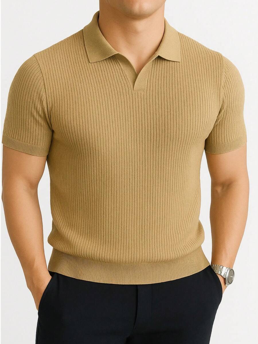 Men's Ribbed Cotton Polo Shirt With V-Neck – Sophisticated Style And Perfect Fit - Màu Khaki - Xem 1