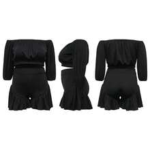 Plus Size Women's Ruffled One-Shoulder Puff Sleeve Top & Shorts 2-Piece Set - Sweetheart Neckline Waist-Defining Casual Outfit Date, Vacation & Party,Plus Size Fall Clothes Women,Plus Size Women Clothes,Seven Colors Are Available Selection.Please Check Size Chart Before Purchasing. - 黑色 - 查看 6