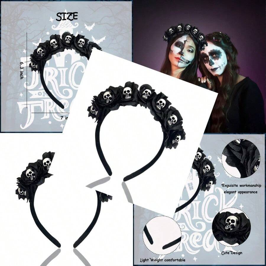 Halloween Skull Headband Day Of The Dead Black Flower Crown Hair Accessories For Women Girls Halloween Costume Cosplay Party
