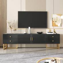 TV Unit, Low Panel With Structured Doors, TV Stand With Drawers, Gold Handles And Gold Legs. - Black + MDF + 70-79 Inches - View 12