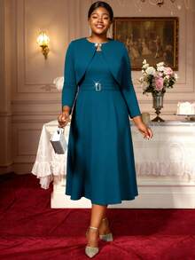 Plus Size 2 Pieces Dress Sets For Women Church Suits Tank A Line Midi Dress With Long Sleeve Jacket Wedding Party Outfits With Belt