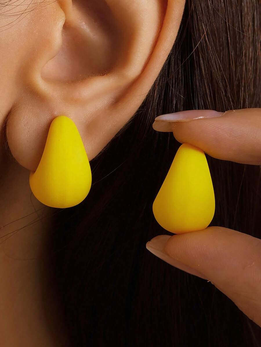 1 对欧美时尚 CCB 塑料水滴光滑锤纹耳钉，适合女性的礼物，日常佩戴 - 黃色 - 查看 1