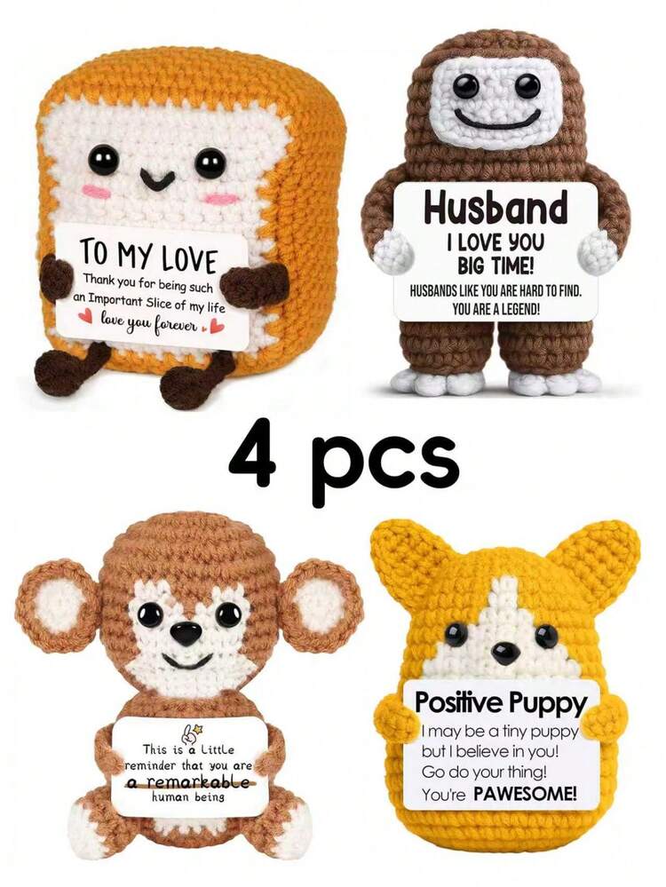 4件套手工钩编桌面摆件，可爱卡通玩偶，是送给闺蜜、姐妹、妈妈、奶奶、同事、家人的理想生日礼物，传递正能量，创意派对、万圣节、感恩节、圣诞节装饰，房间毛绒玩具 - 彩色 - 查看 12