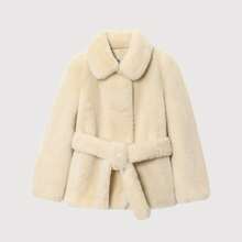 2025秋冬时尚新款柔软白色仿毛领收腰修身保暖毛绒大衣女款 - 淡黃色 - 查看 1