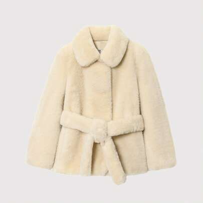 2025秋冬时尚新款柔软白色仿毛领收腰修身保暖毛绒大衣女款