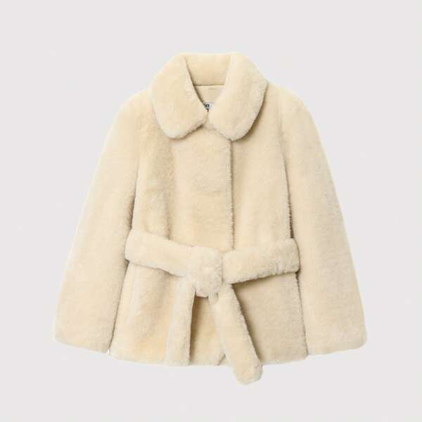 2025秋冬时尚新款柔软白色仿毛领收腰修身保暖毛绒大衣女款