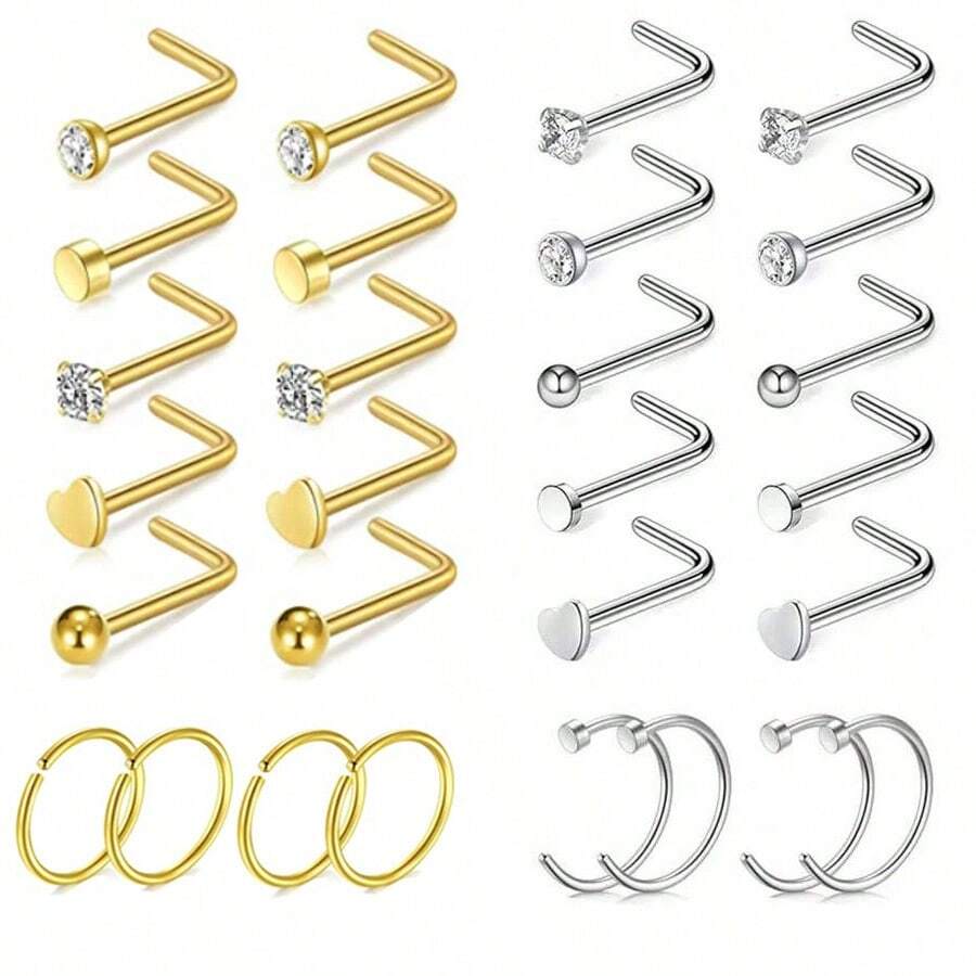 28 件简约不锈钢球鼻钉、锆石鼻钉、心形和 7 形鼻环、鼻环饰品、情人节 - 彩色 - 查看 1