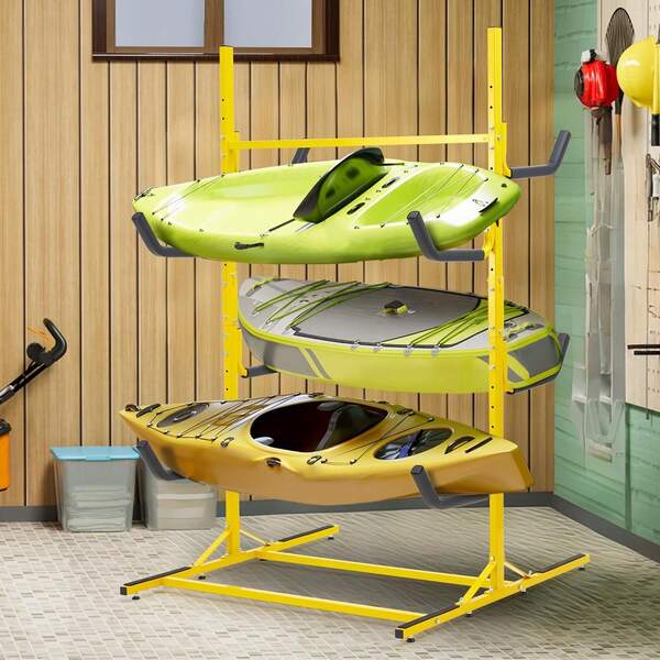 Estante de almacenamiento de kayak, estantes de kayak independientes de gran capacidad para garaje, soporte de kayak ajustable, estante para tabla de remo para kayak, canoa, tabla de surf, capacidad de 240 kg, 3 niveles para 6 kayaks. Soporte independiente de gran capacidad para 6 kayaks, canoas, tablas de remo, estante de almacenamiento de kayak con brazos acolchados y posición de altura ajustable, para interior, exterior, garaje
