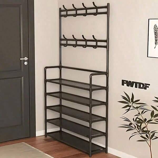 Multifunctional Metal Storage Rack With 8 Double Hooks, 5 Tier Clothes Hat Shoes Organizer Suitable For Bedroom, Living Room, Entrance And Office, Easy To Assemble